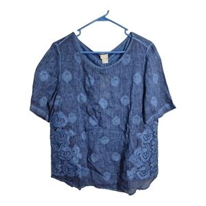 Chicos Embroidered Lace Trim Popover 100%‎ Linen Coastal Boho Relaxed Blouse L